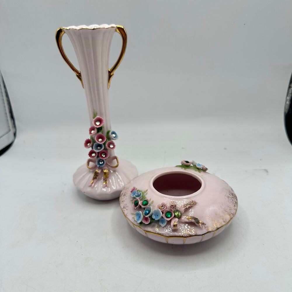 x2 vintage Lefton China floral vase and trinket dish feme lolita girlie regency - Picture 4 of 11